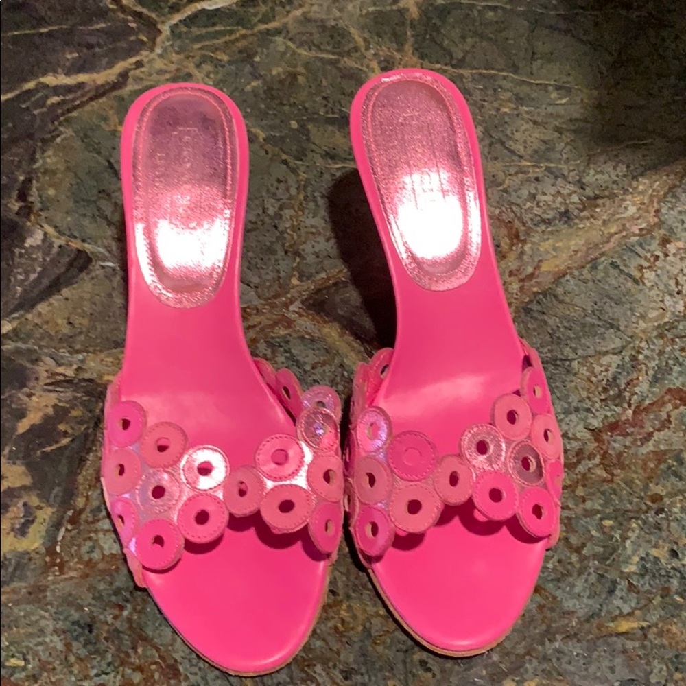 Pink Coach leather slides